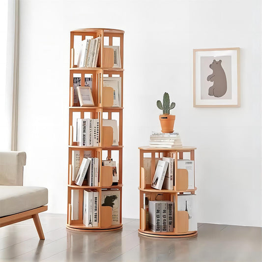 Round Open Modern 2/5 Layers Beech Wood 360 Rotating Bookshelf Bookcases