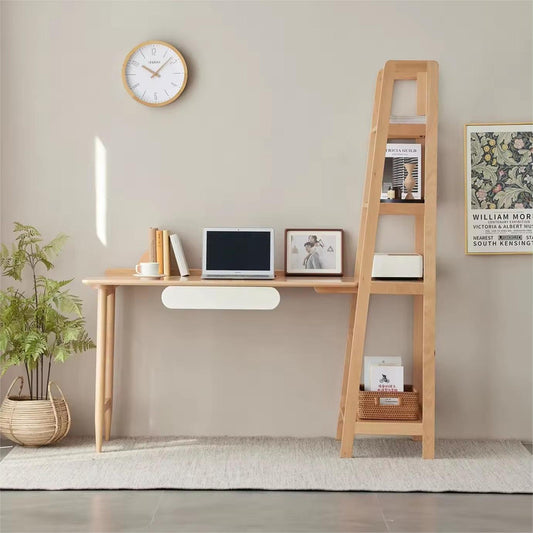 Natural Wood Color Light Desk with Shelves Solid Beech Wood Study Desk