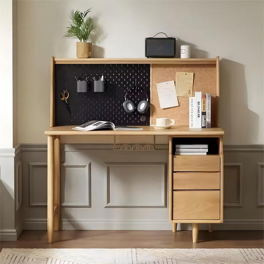 Simple Study Desk with Bookshelf and Drawers Combination Home Office Solid Wood Table